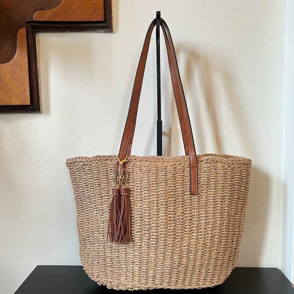 Raffia Long Strap Zippered Tote Shoulder Bag with Tassel Keychain Natural